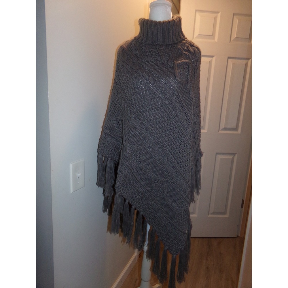 2 Chic Cable Knit Fringe Poncho Turtleneck Sweater Boho Gray One Size